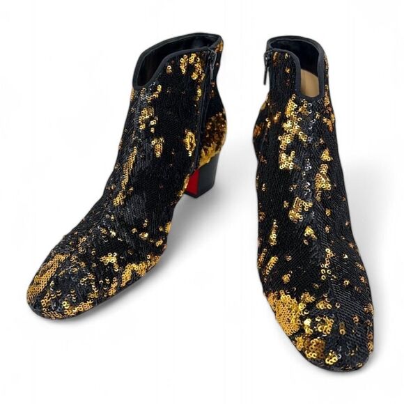 Christian Louboutin Black and Gold Sequin Ankle Boots - Picture 2 of 9